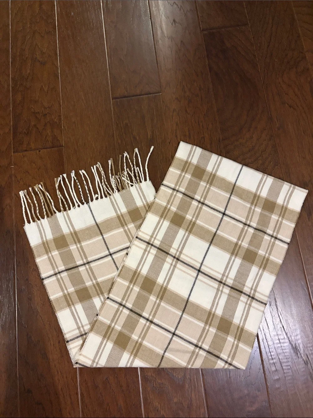 100% Cashmere Plaid Scarf 65” x 12” Tan Cream Black, Made in Scotland.
